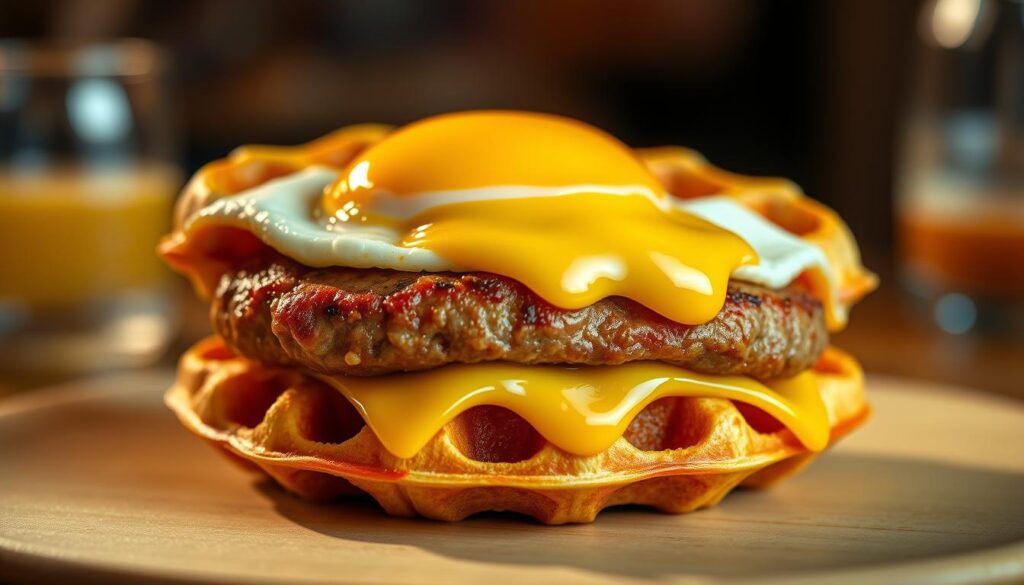 waffle sausage egg and cheese sandwich waffle sausage egg and cheese sandwich